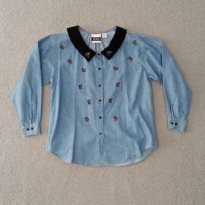 Vintage Bill Blass Sz M Floral Embroidered Chambray Button Down Shirt Denim - Picture 1 of 11