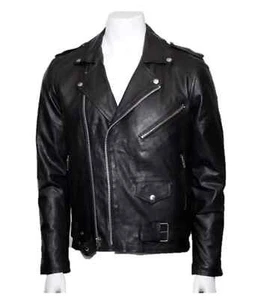 Men's Biker Jacket in Black Real Sheepskin Leather Vintage Café Racer motorcycle - Picture 1 of 4