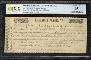 1858 $163.32 TREASURY WARRANT STATE OF TEXAS OBSOLETE NOTE PCGS BANKNOTE EF-45 - Picture 1 of 2