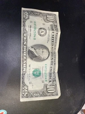 Error de $10 1995 fallo corte, número de serie K87282594 B, serie 1995 Foto 1 de 3