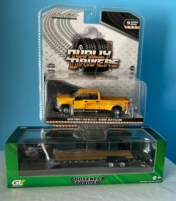 Greenlight 1/64 Scale 2019 Yellow Ford F-350 Dually w/Black Gooseneck Trailer - Image 1 of 4