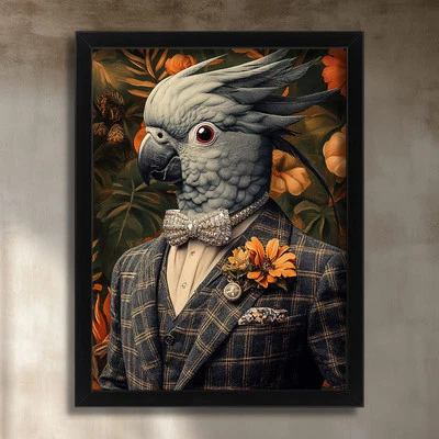 Dapper Grey Cockatoo Portrait Elegant Bird Art Vintage Bird In Human Clothes - Image 1 of 2