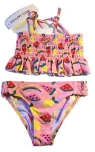 Penelope Plum 2 Piece Ribbed Swim Suit Pink Yellow Ruffled Ties Girls Size 4 - Picture 1 of 5
