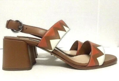 Sandalias Prada Greca de tacón ancho con tira trasera de cuero marrón naranja para mujer talla 39,5 Foto 1 de 4
