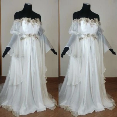 Vintage Wedding Dresses Chiffon Off Shoulder Long Sleeves Beaded Bridal Gowns - Image 1 of 4