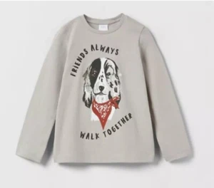 NWT Zara Kids Size 7 Friends Walk Together Dog Tee T-Shirt Long Sleeve Crewneck - Picture 1 of 4
