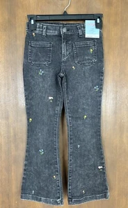 Girls Size 7 High Rise Flare Stretch Black Jeans Embroidered Flowers - Picture 1 of 12