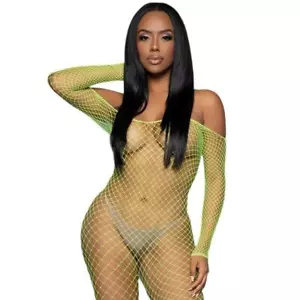 Fishnet Bodystocking Long Sleeves Off the Shoulder Sheer Stretch Neon Green 2359 - Picture 1 of 8