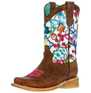 Kids Western Cowboy Boots Flowers Honey Brown Cowgirl Square Toe Bota