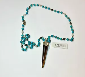 RALPH LAUREN KUNST TÜRKIS HORN PERLEN GOLDTON HALSKETTE SIGNIERT NEU - Bild 1 von 11