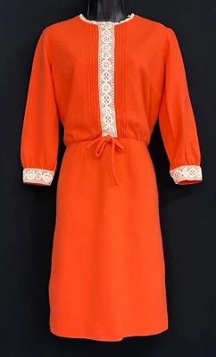 Vestido Vintage Años 60 Naranja Lana, Manga 3/4 Blanco Encaje Otoño Mandarina S M Foto 1 de 4