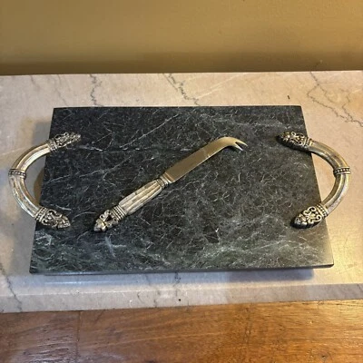 Godinger Silver Green Marble Serving Tray Charcuterie Cheese Snack Board & Knife - Image 1 of 4