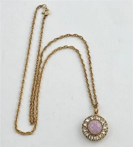 Vintage Sim. Opal & Clear Rhinestone Pendant on 12K Gold Filled Rope Chain 18" L - Picture 1 of 5