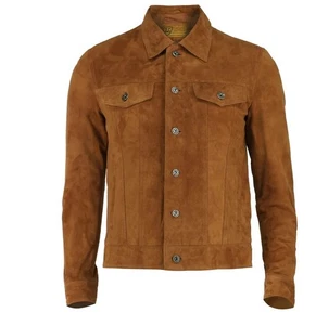 Chaqueta de cuero real estilo vaquero occidental clásico de gamuza dorada TRUCKER para hombre - Imagen 1 de 3