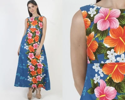Vtg 70s Ui Maikai Hawaiian Dress Tiki Luau Hawaii Barkcloth Caftan Maxi Sundress - Image 1 of 4