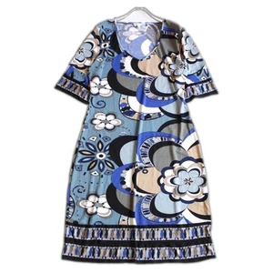 EMILIO PUCCI Blue Floral Pattern Long Dress Size 42 LL Stretch A-Line F/S - Picture 1 of 10