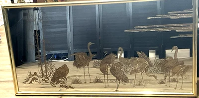 Grúas espejo vidrio grabado vintage bambú marco dorado arte de pared 32 x 49 MCM asiático Foto 1 de 4