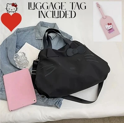 Hello Kitty Face Duffle Tote Bag All Black Lightweight Travel Weekender Gym Bag  - Image 1 of 4