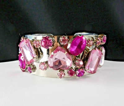 HOT PINK Bling Bracelet Silver Tone Cuff Pink Acrylic Rhinestones Hearts Ovals - Image 1 of 4