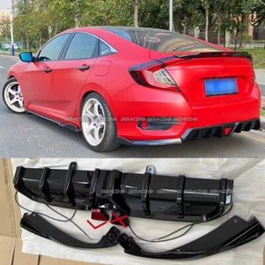 For 2016-2022 Honda Civic 4Dr Sedan Glossy black Rear Bumper Diffuser Lip +LED - Picture 1 of 11