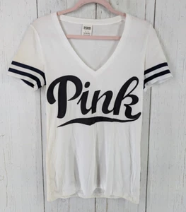 Victorias Secret Size Medium Womens White Logo Graphic V Neck Short Sleeve Top - Imagen 1 de 7