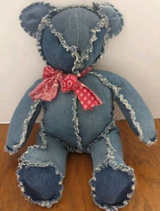 Homemade Denim Rag Teddy Bear  w/Red Bow 13" Adorable Stuffed Animal  - Picture 1 of 11