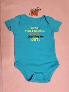 DUDE YOUR GIRLFRIEND KEEPS CHECKING ME OUT BABY ONE PIECE 0-3 MONTHS TEAL - Picture 1 of 4
