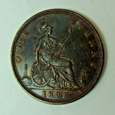 1891 AU+/UNC UK GREAT BRITAIN ONE PENNY COIN KM#755 PROBLEM FREE HIGH GRADE - Image 1 of 2