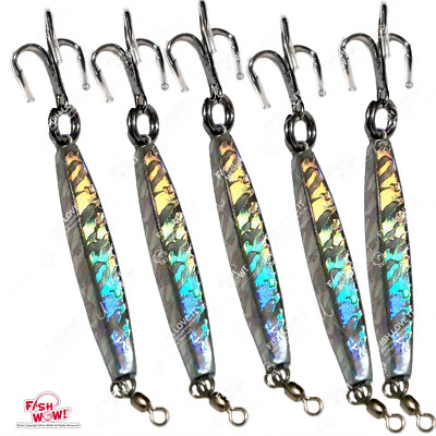 FISH WOW! 5pcs 2oz Fishing Diamond Jig Mylar Holographic Laser jigs with a Treble Hook @US