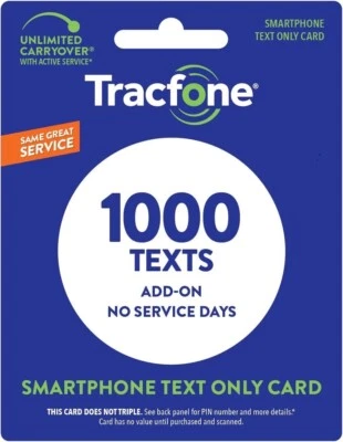 TracFone 1000 Text Messages Prepaid Add On Refill Card, Only For Smartphones. - Image 1 of 3
