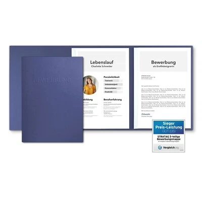 STRATAG 15 Bewerbungsmappen Blau 3-teilig feinste Lederstruktur mit 2 Klemmschienen Set