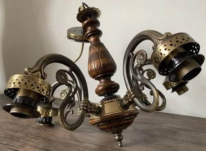 2 Vintage Chandeliers 5 Arm Carved Wood & Brass Heavy Italian Ceiling Lights - Picture 1 of 23