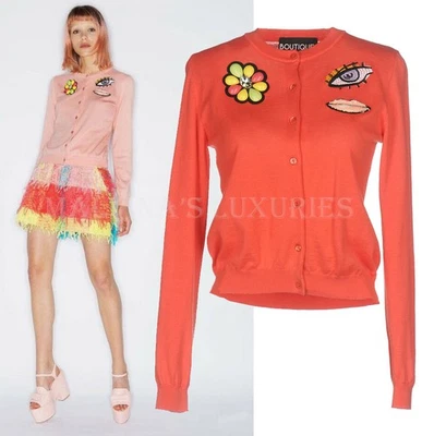 BOUTIQUE MOSCHINO SWEATER SEQUIN CRYSTAL PATCHES PINK WOOL CARDIGAN $795 40 6 - Image 1 of 4