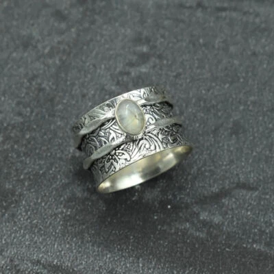 Pietra di Luna Boho Anello Spinner Martellato 925 Argento Sterling Gift per Lei - Immagine 1 di 4