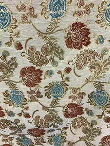 BEIGE GOLD RED BLUE FLORAL CHENILLE UPHOLSTERY BROCADE FABRIC (56 in.) Sold BTY - Picture 1 of 8