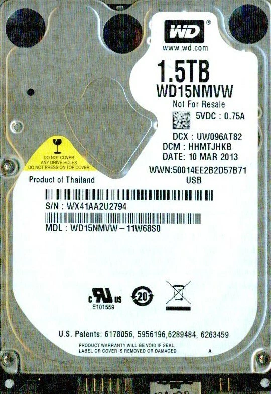 WD15NMVW-11W68S0,  HHMTJHKB  WESTERN DIGITAL USB3 1.5TB  WX41  MAR 2013 - Image 1 of 1