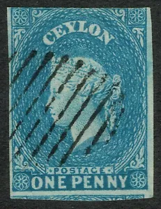 Ceylon 1857 1d Deep Turquoise Blue SG2b Lightly Blued Paper VG/FU Cat. £225.00 - Picture 1 of 2