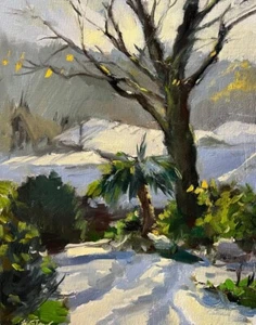 HELEN TARR ORIGINAL Verschneiter Garten nebenan Winter Eiche Landleben ÖLGEMÄLDE - Bild 1 von 3