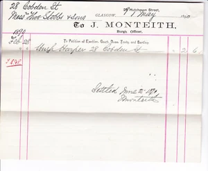 1890 J Monteith Burgh Officer Glasgow Billhead Invoice Receipt - Picture 1 of 2