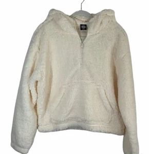 NEW! Womens Heavy Sherpa Faux Fur Hoodie Ivory Pockets Y2K 90s Retro Zip Small - Picture 1 of 6