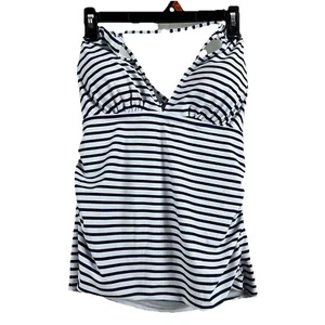 Yonique Halter Tankini Top XL Open Back Bathing Suits Blue White Stripe Ruched - Picture 1 of 11