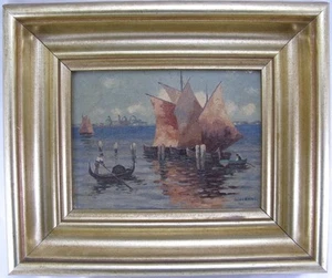 Giovanni Gemälde Italien Venedig Fischerboote & Gondel 1. Hälfte 20. Jh. - Bild 1 von 12