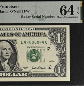 2001 $1 Federal Reserve Note PMG 64EPQ - Birthday - Radar Serial Number 44000044 - Picture 1 of 3