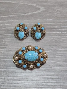 Pendientes broche filigrana perlas imitación estrás vidrio azul aguamarina Alemania Occidental - Imagen 1 de 4