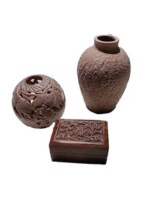 Primitive Mixed Lot Vase Carved Stone Candle Holder & Small Carved Wooden Box - Picture 1 of 8