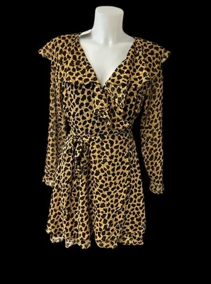 NWT Free People Long Sleeve Mini Dress Cross Tie Size S SMALL Animal Print $148 - Image 1 of 4