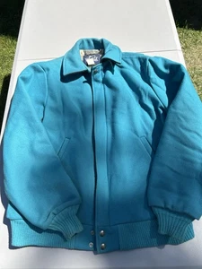 Vintage Teal Woolrich Wool Bomber Jacket Men's Medium Plaid Lined Collared 80s - Picture 1 of 7