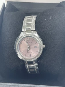 Citizen Women's Eco-Drive Crystal Watch Silver With Pink Dial - Picture 1 of 10