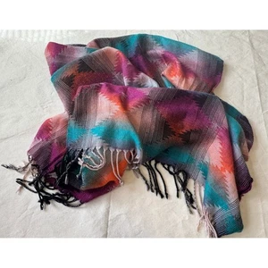 Boho Festival geometrischer Fransen Schal Halstuch Schal mehrfarbig Südwesten 72" gebraucht, in einwandfreiem Zustand - Bild 1 von 4