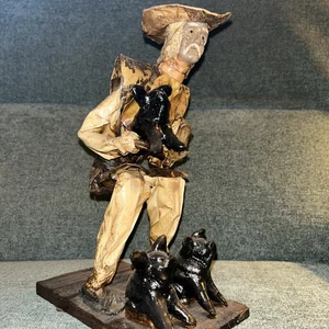 Vintage Mexican Folk Art Paper Mache Man/Farmer Figure Wearing Hat With 3 Pigs - Picture 1 of 6